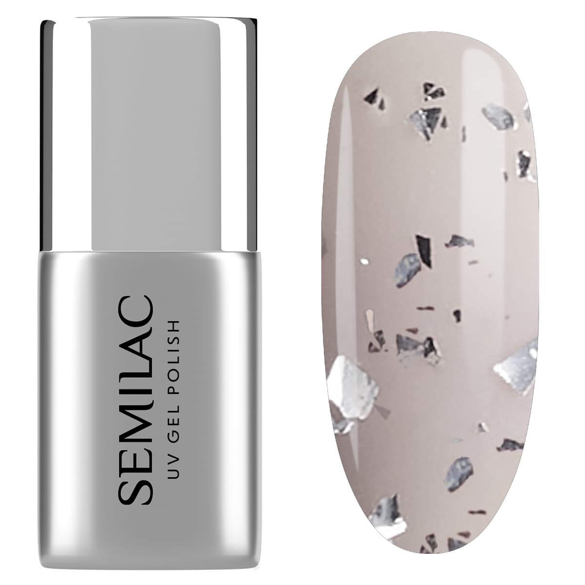 Flacon et Swatch du Top No Wipe Frozen T34 de Semilac, un top transparent avec des particules argentées pour un éclat givré.
